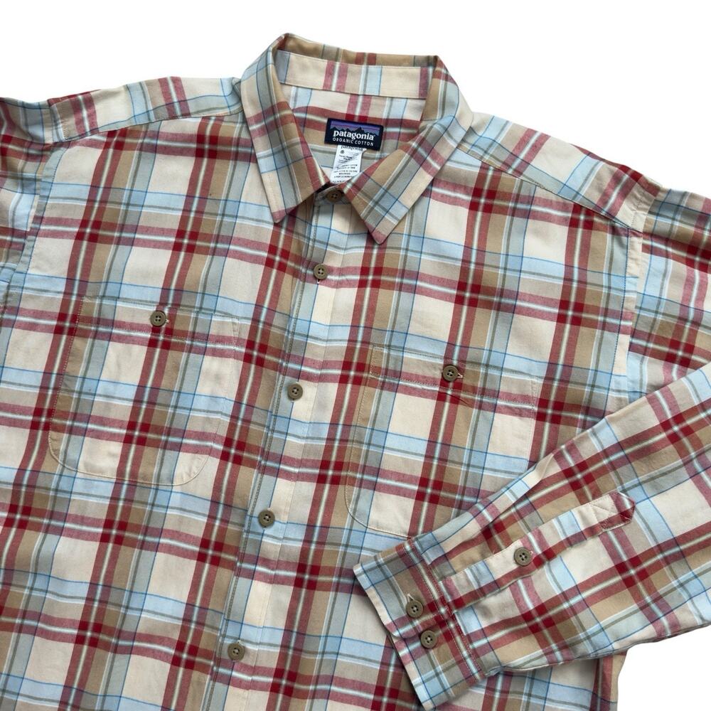Patagonia Men XL Long Sleeve Plaid Organic Cotton Button Up Shirt Red Blue Cream